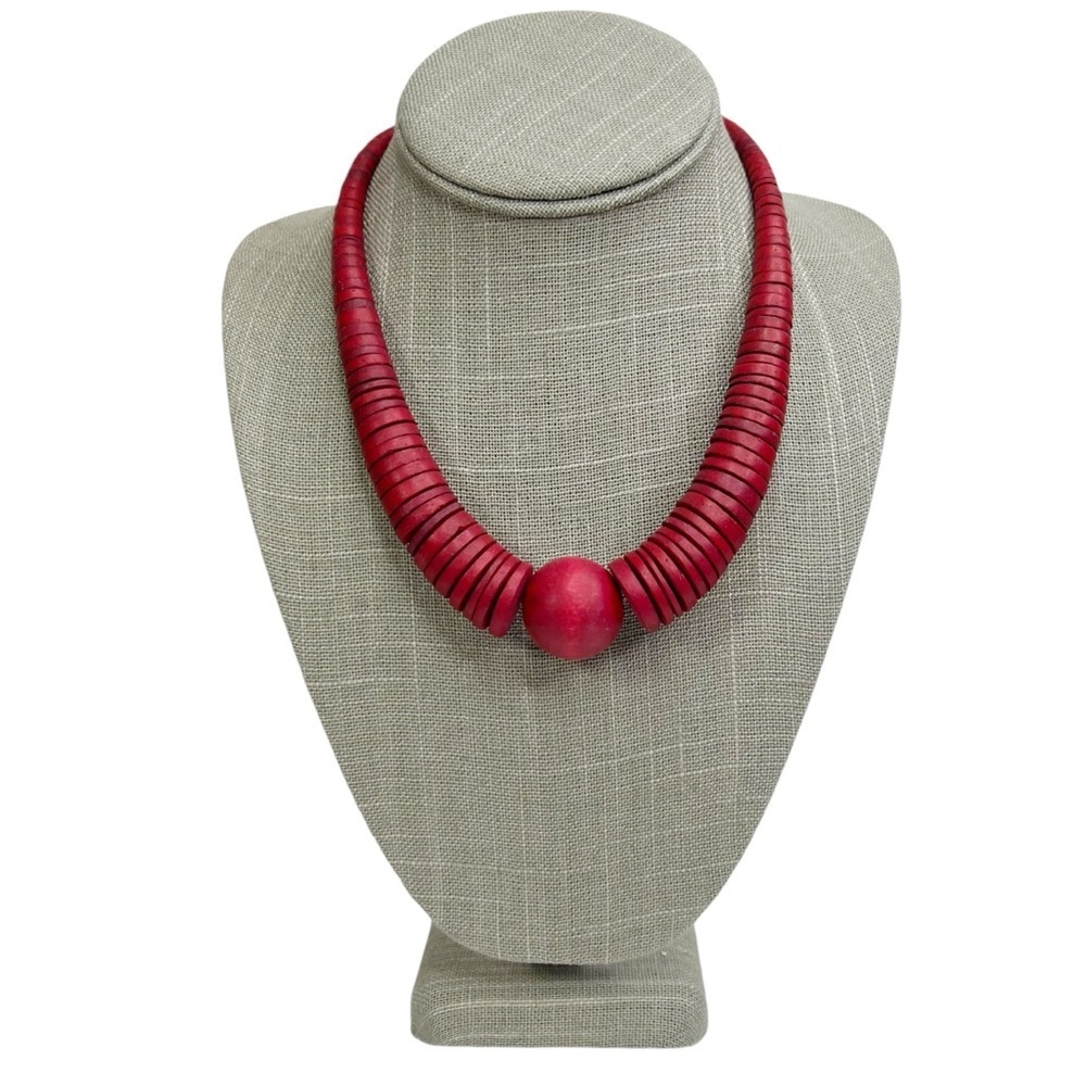 Cherry Red Wooden Disc & Round Ball Statement Necklace